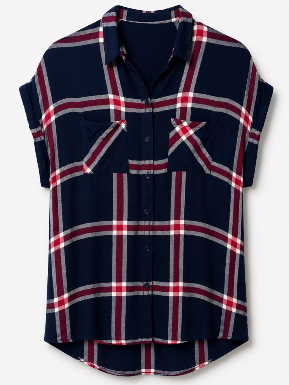 beachlunchlounge Navy, White & Red Plaid Shirt 100% Rayon (295)